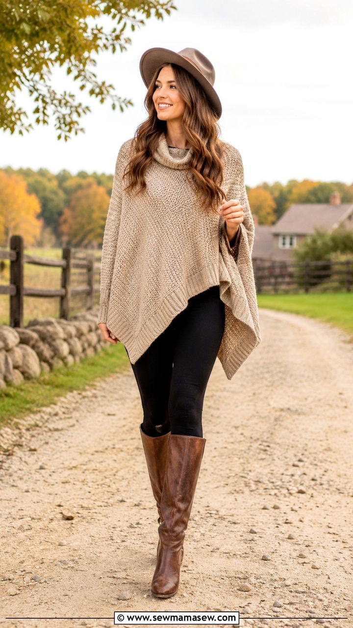 Leggings with a poncho and riding boots - 30 How to style leggings