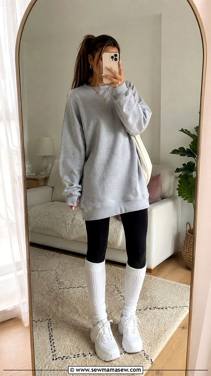 Leggings with a sweatshirt dress and knee high socks - 30 How to style leggings