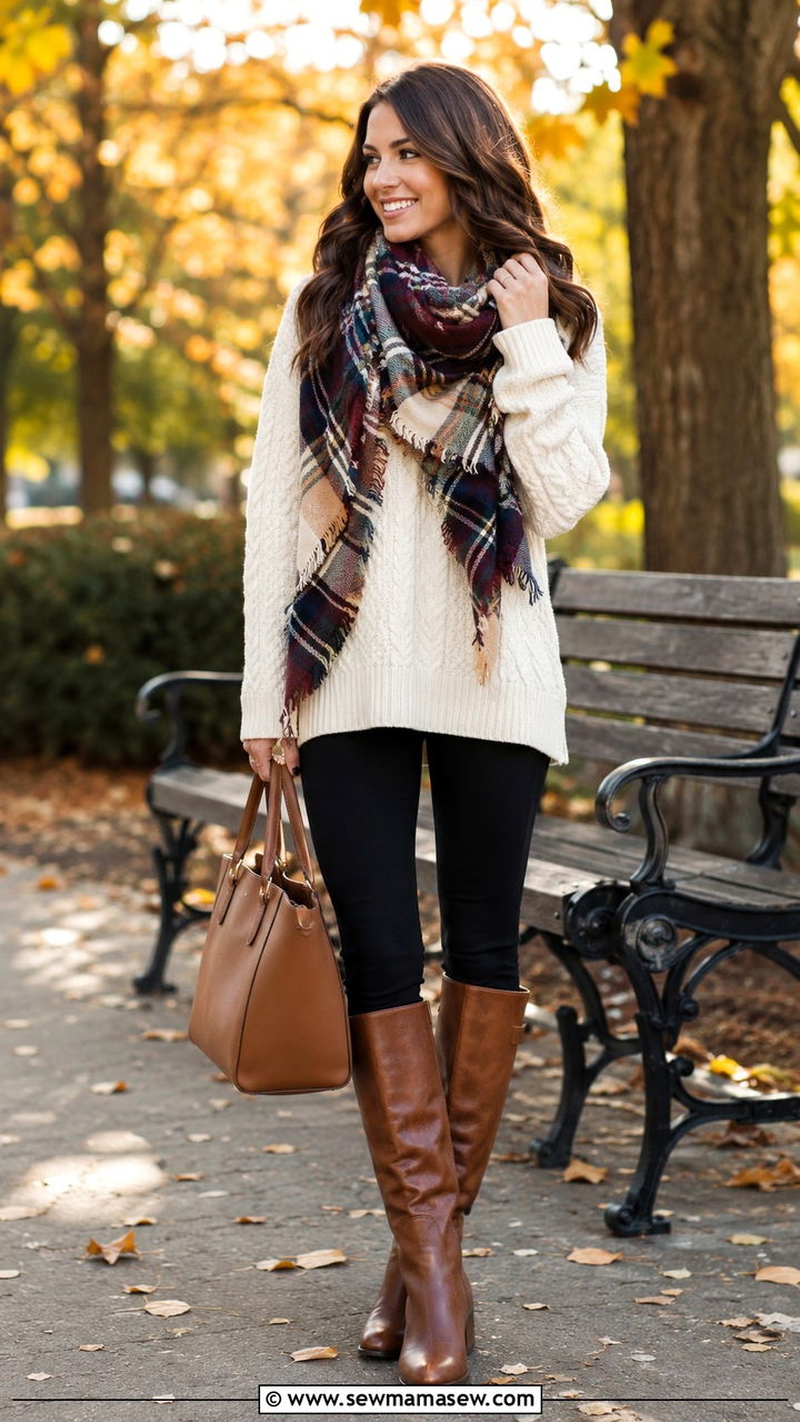 Leggings with cable knit sweater and knee high boots outfit - 30 leggings outfits for women over 40