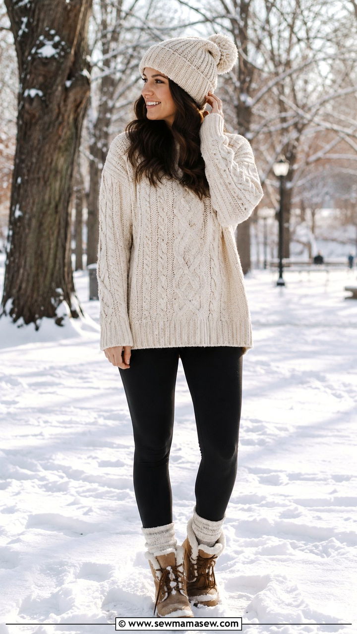 Leggings with chunky knit sweater and boots outfit - 30 leggings outfits for women over 40