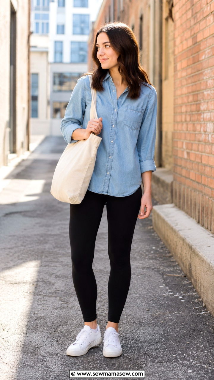 Leggings with denim shirt outfit - 30 leggings outfits for women over 40