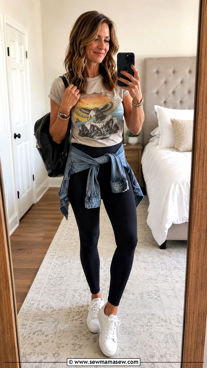 Leggings with graphic tee and sneakers outfit - 30 leggings outfits for women over 40