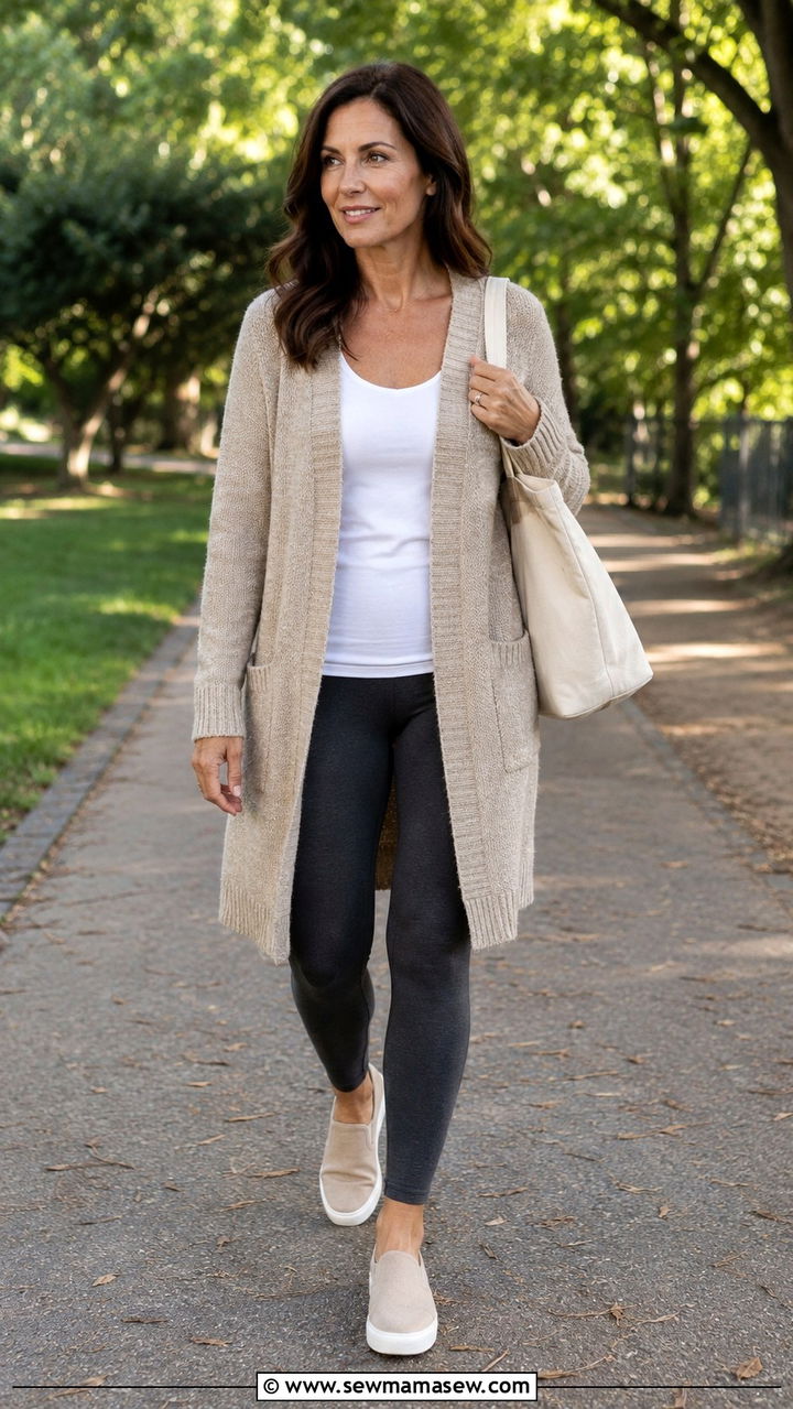Leggings with long cardigan outfit - 30 leggings outfits for women over 40