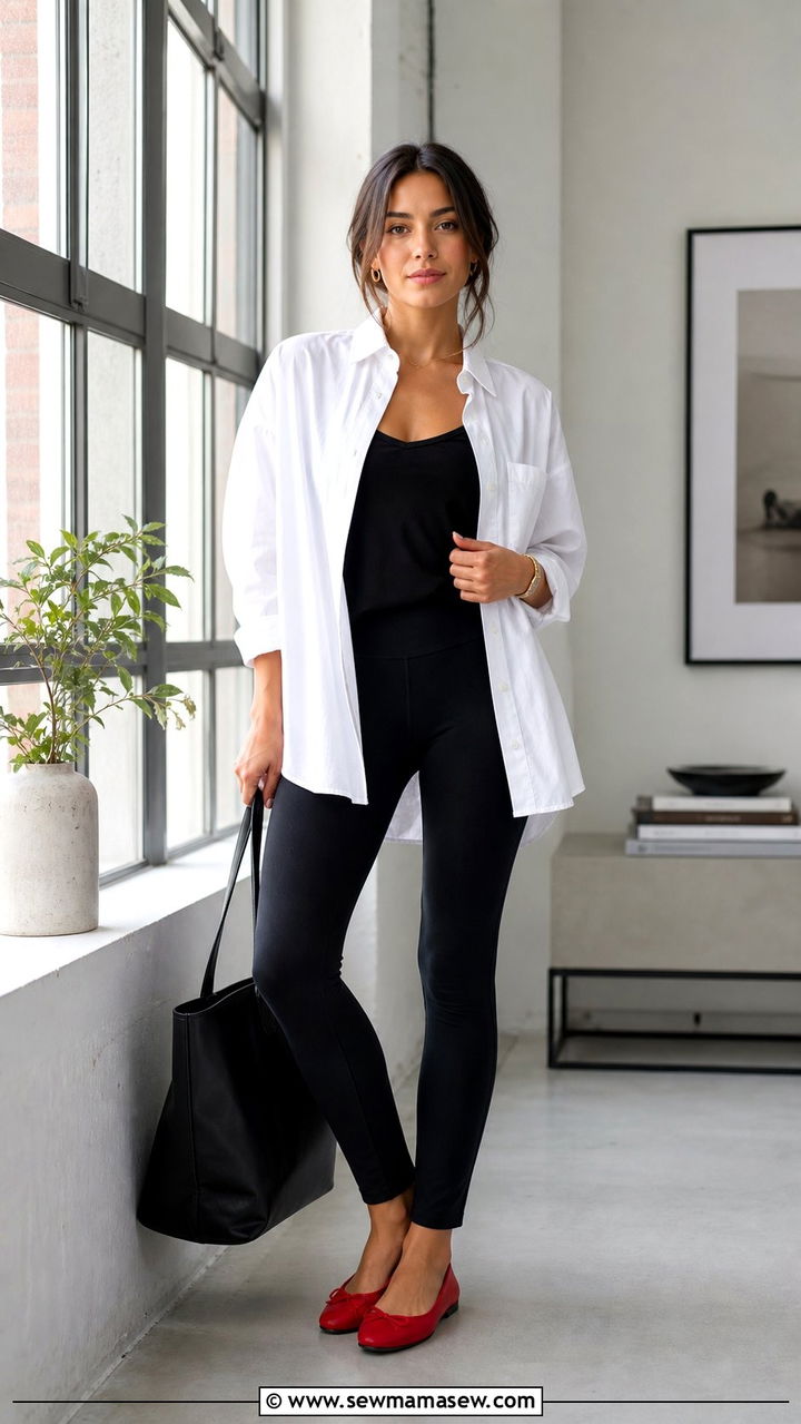 Leggings with oversized button down shirt and ballet flats - 25 sporty chic outfits aesthetic