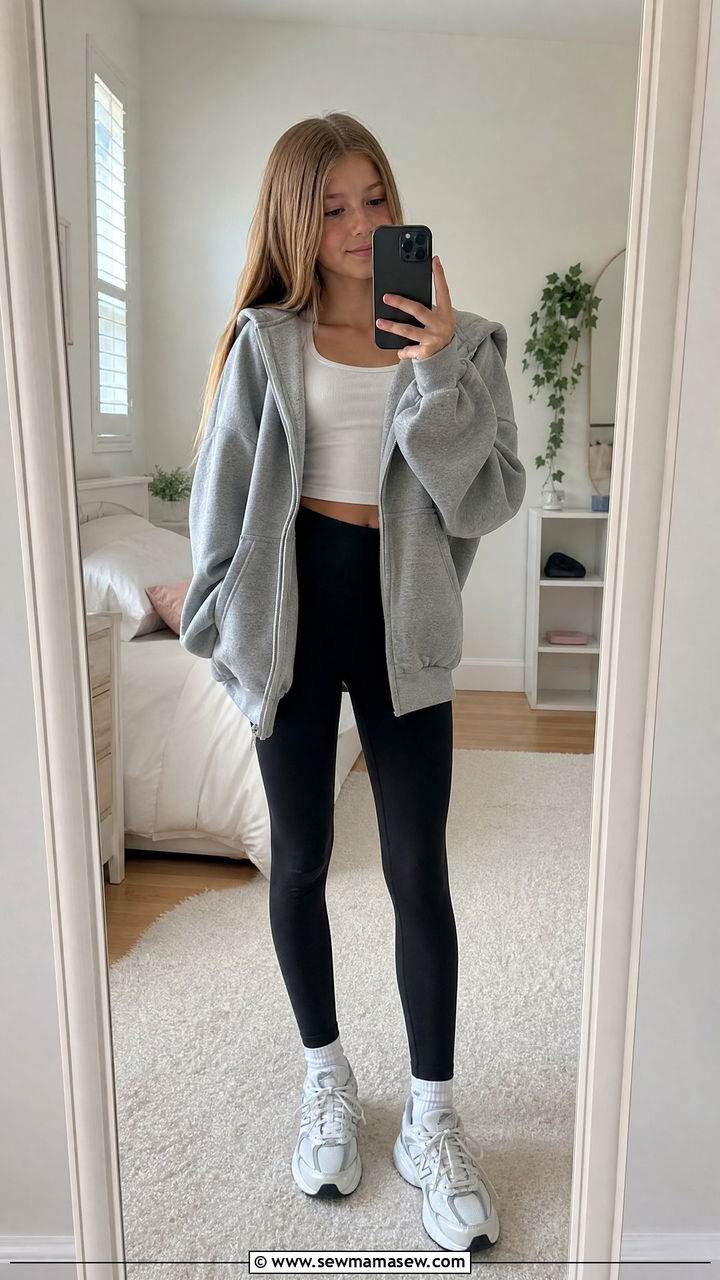 Leggings with oversized zip up hoodie and trainers - 25 Tween outfit ideas for 12 year olds