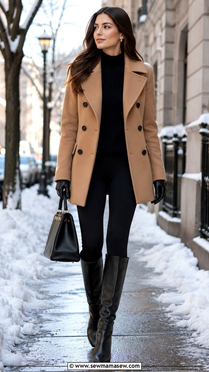 Leggings with pea coat and leather gloves outfit - 30 leggings outfits for women over 40