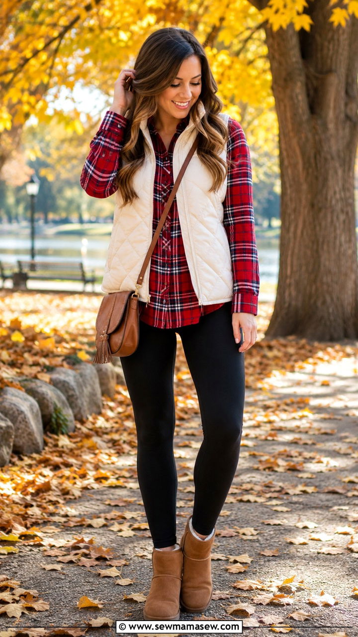 Leggings with plaid shirt and vest outfit - 30 leggings outfits for women over 40