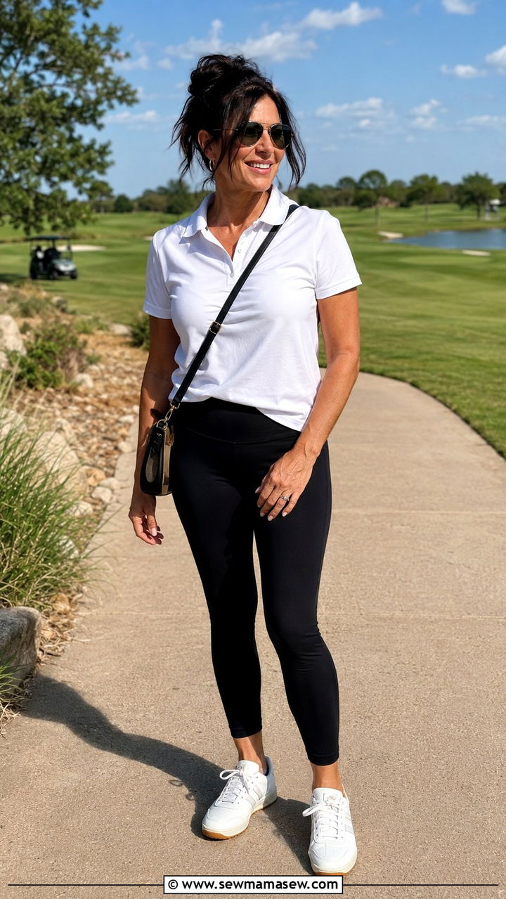 Leggings with polo shirt and sneakers outfit - 30 leggings outfits for women over 40