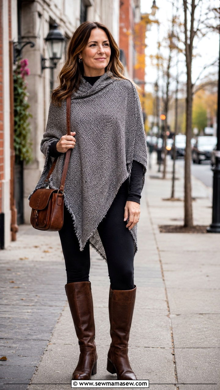 Leggings with poncho and tall boots outfit - 30 leggings outfits for women over 40