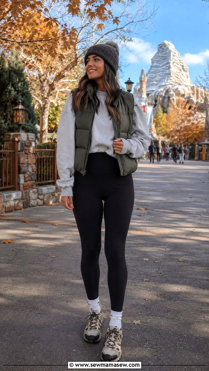 Leggings with sweatshirt and puffer vest - 30 theme park outfit ideas