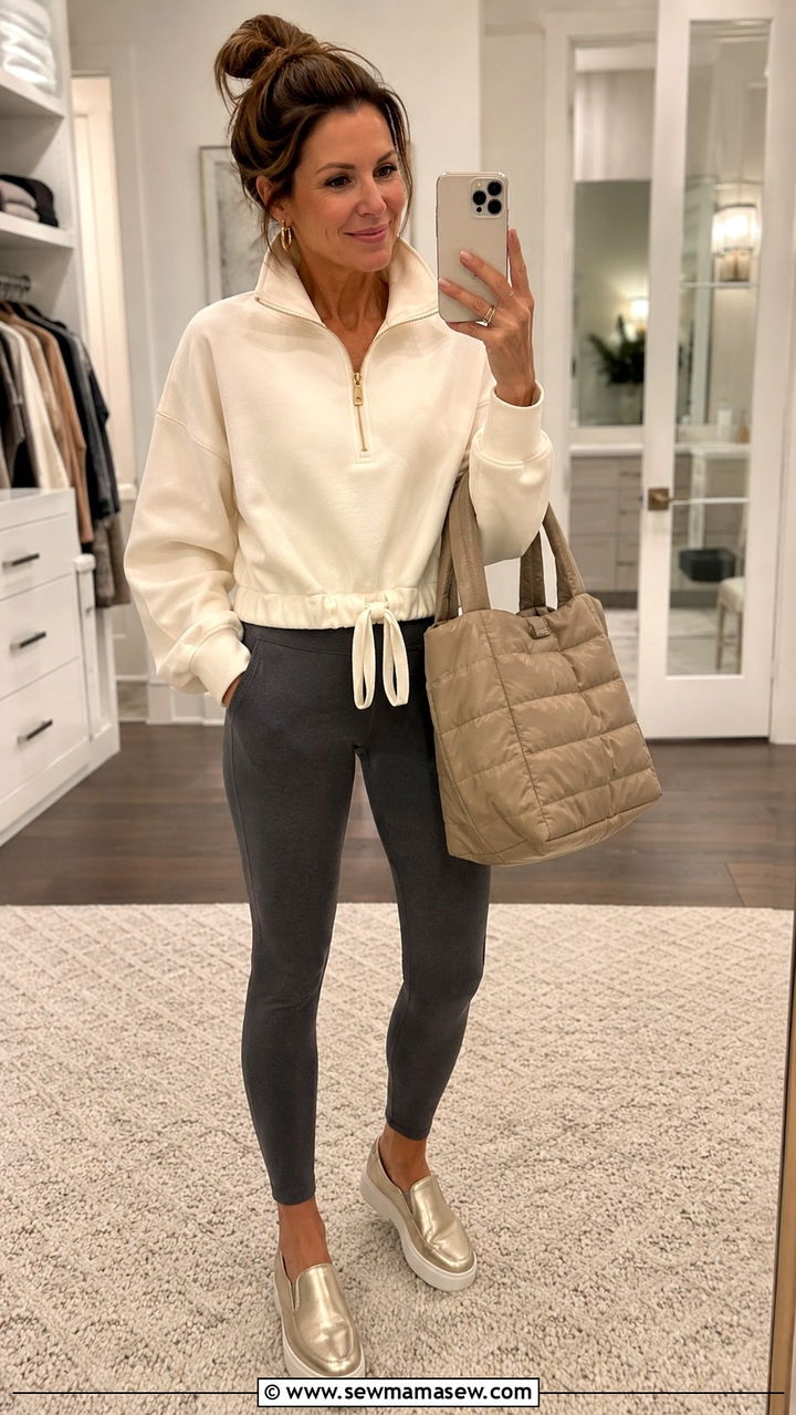 Leggings with sweatshirt and slip on sneakers outfit - 30 leggings outfits for women over 40