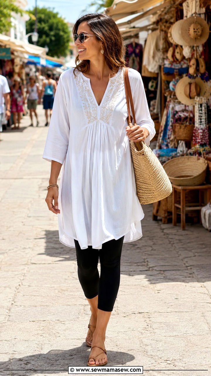 Leggings with tunic top and sandals outfit - 30 leggings outfits for women over 40