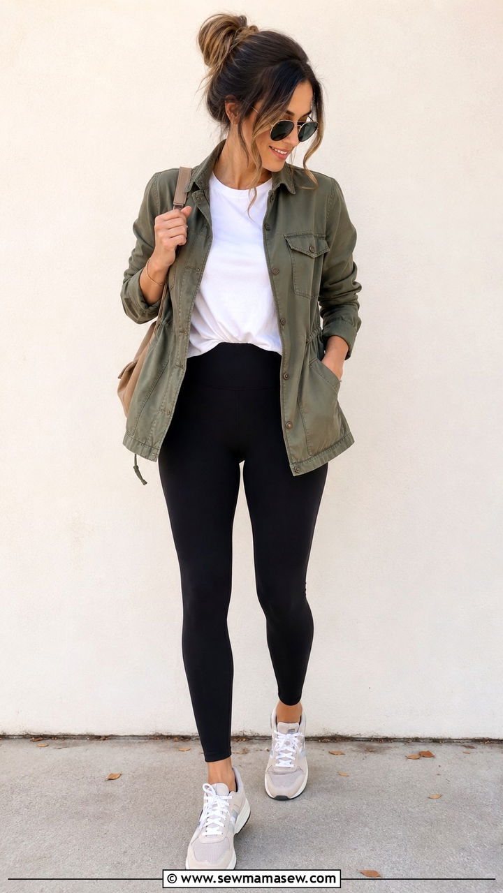 Leggings with utility jacket and sneakers - 30 transitional sneaker outfit ideas