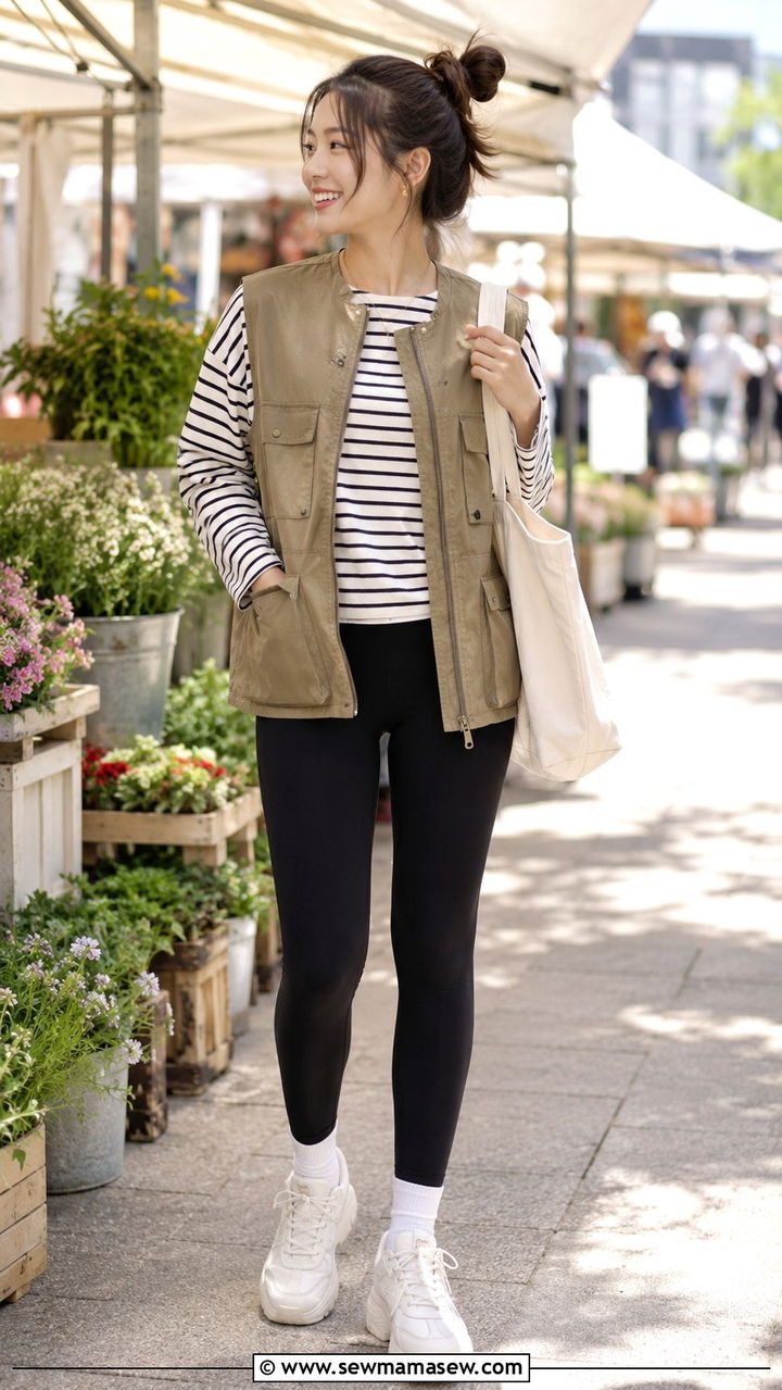 Leggings with utility vest and sneakers outfit - 30 leggings outfits for women over 40