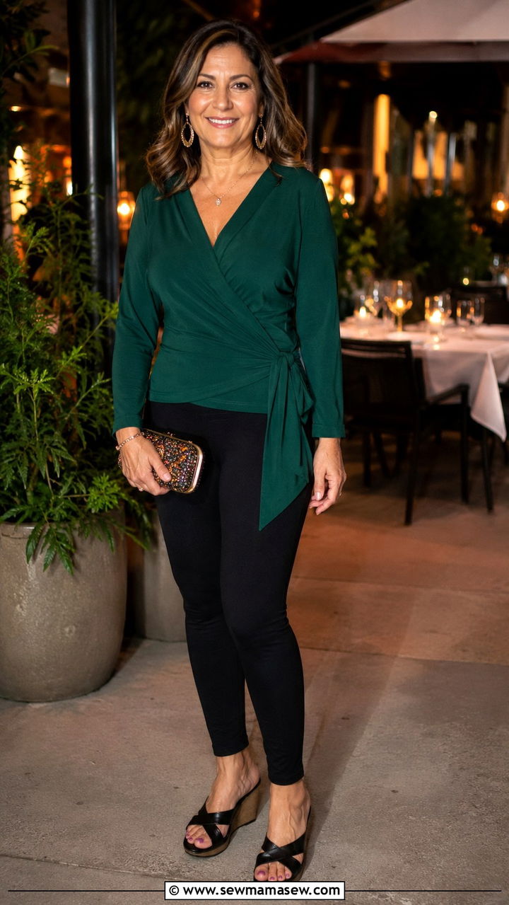 Leggings with wrap top and wedges outfit - 30 leggings outfits for women over 40