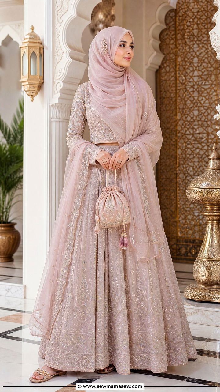 Lehenga Choli with Organza Dupatta Draped as Hijab - 30 Eid outfit ideas with hijab