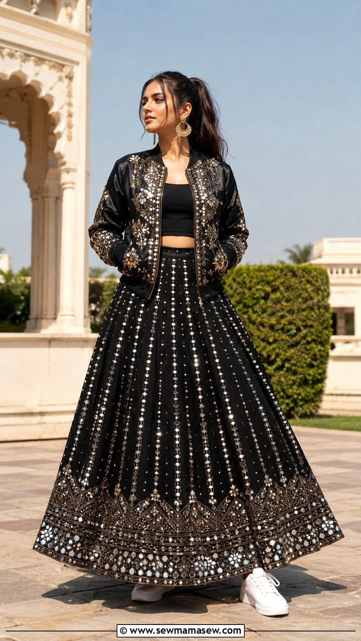Lehenga with bomber jacket fusion - 30 Navratri outfit ideas