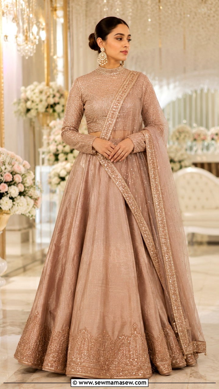 Lehenga with full sleeve blouse and dupatta - 20 Modest outfit ideas for India