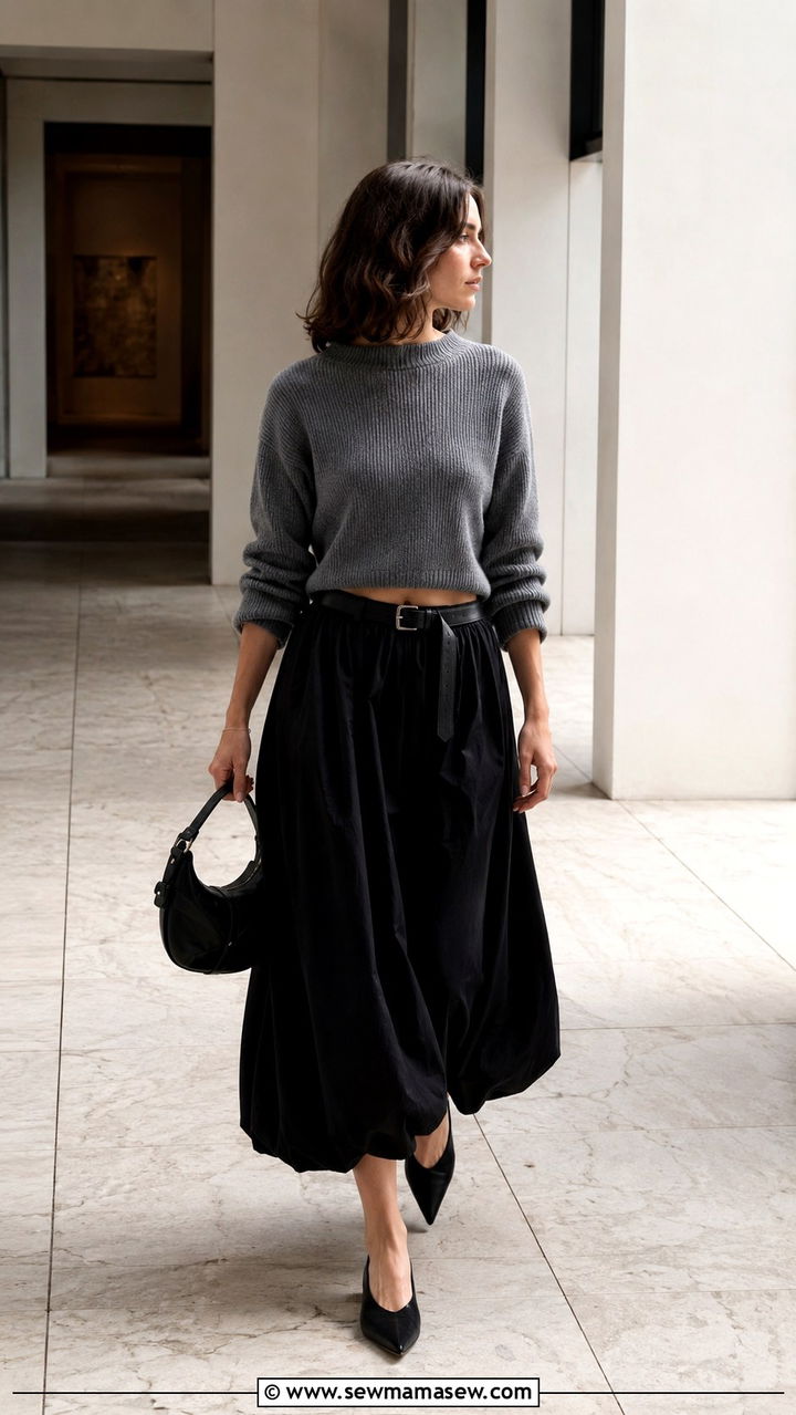 Lemaire Balloon Skirt With Cropped Knit - 20 Quiet luxury outfit ideas Lemaire style