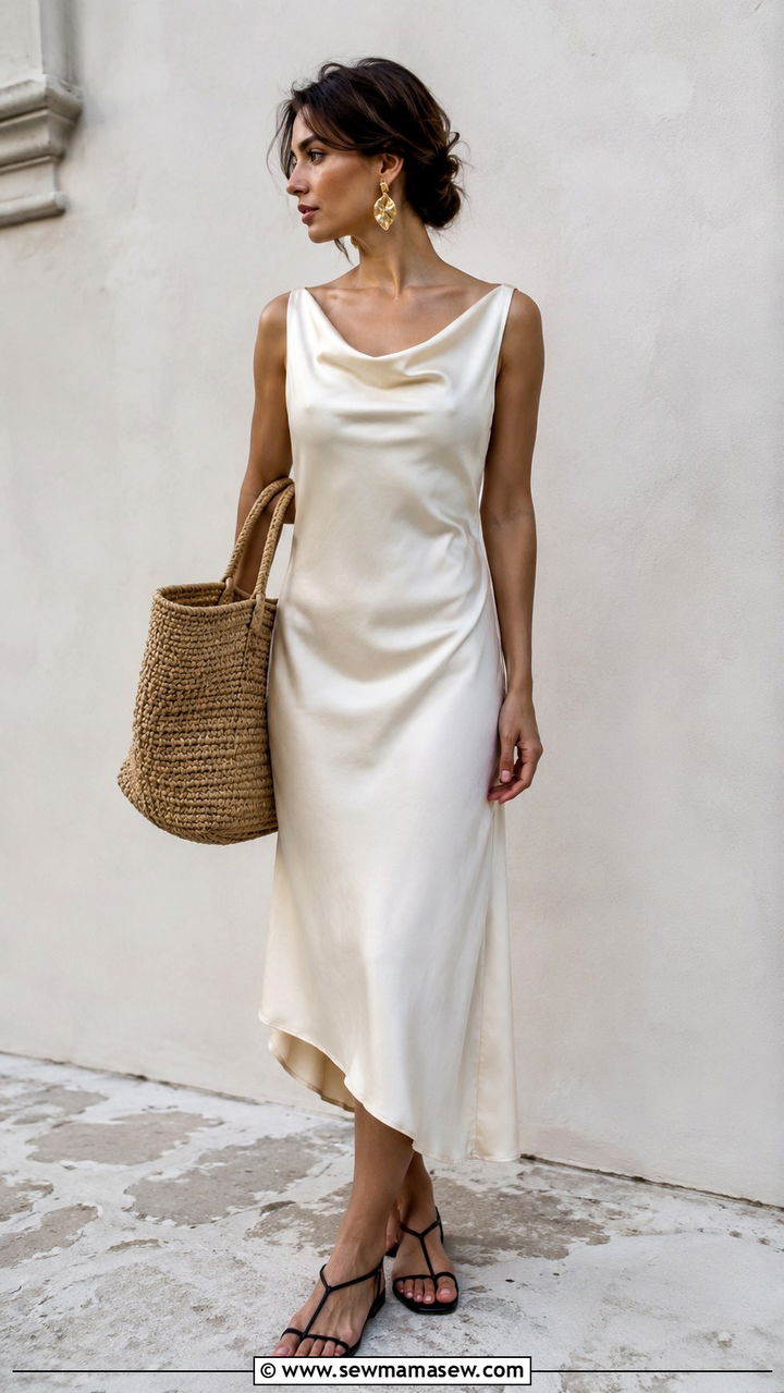 Lemaire Draped Silk Dress With Sandals - 20 Quiet luxury outfit ideas Lemaire style