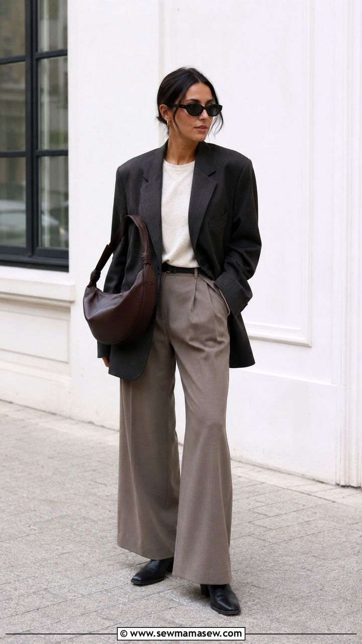 Lemaire Oversized Blazer With Wide Leg Trousers - 20 Quiet luxury outfit ideas Lemaire style