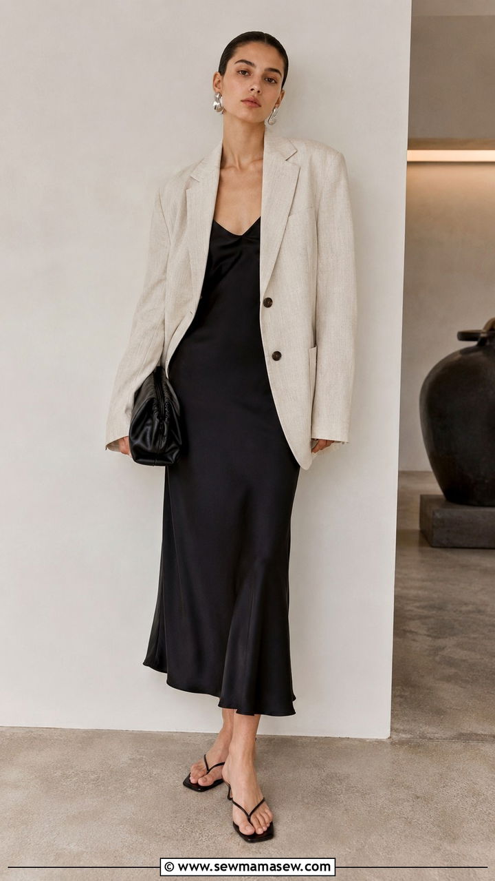 Lemaire Slip Dress With Oversized Blazer - 20 Quiet luxury outfit ideas Lemaire style