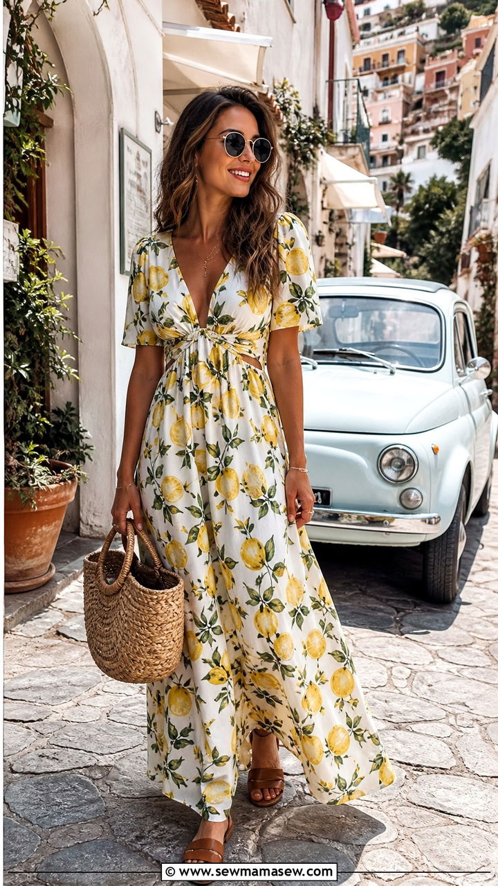 Lemon Print Maxi Dress With Woven Basket Bag - 40 What to wear in Amalfi Coast