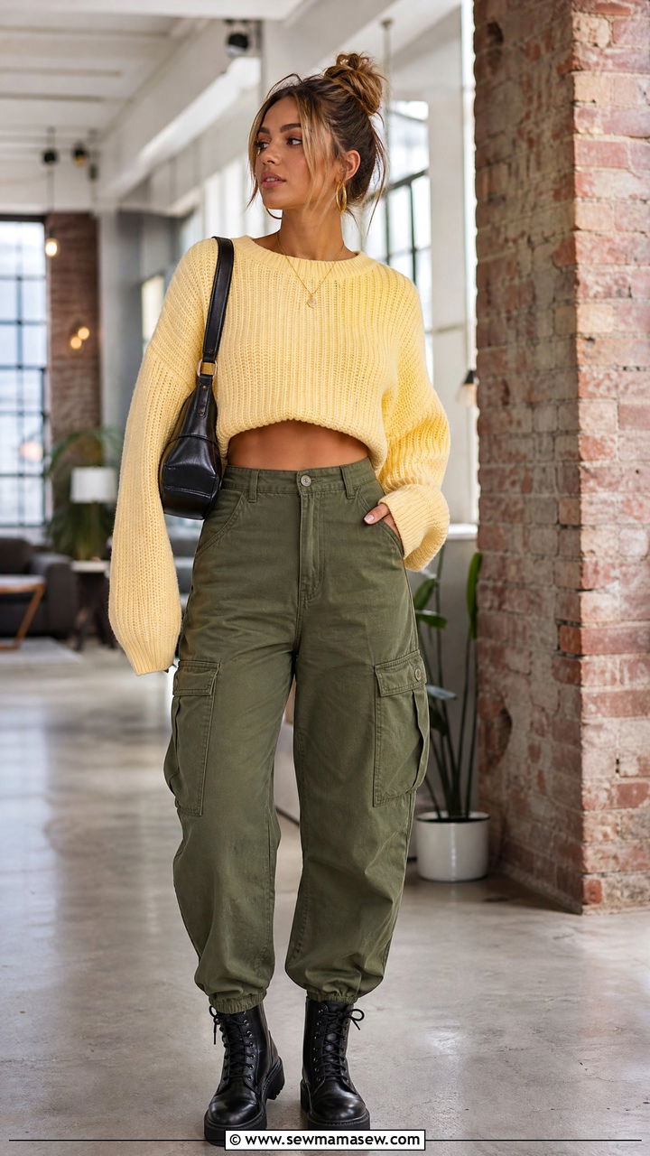 Lemon Yellow Cropped Sweater and Cargo Pants - 35 lemon yellow outfit ideas