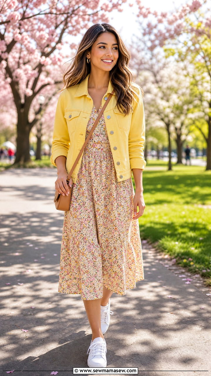 Lemon Yellow Denim Jacket with a Floral Dress - 35 lemon yellow outfit ideas