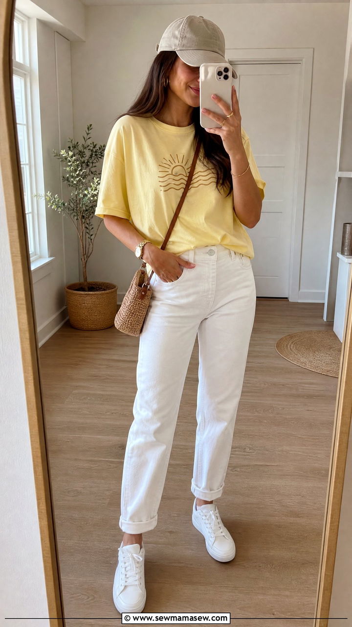 Lemon Yellow Graphic T Shirt and White Jeans - 35 lemon yellow outfit ideas