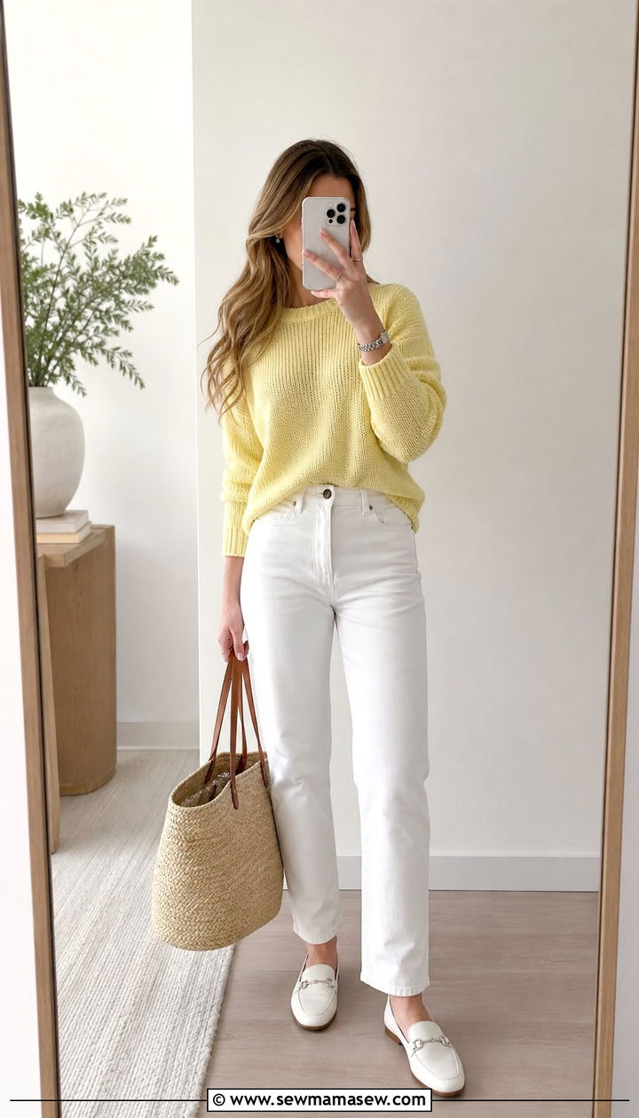 Lemon Yellow Knit Sweater With White Jeans - 25 spring lemon yellow outfit ideas