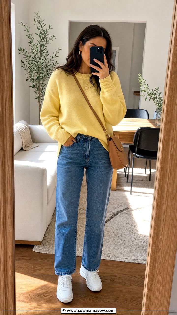 Lemon Yellow Knit Sweater with Straight Leg Jeans - 35 lemon yellow outfit ideas