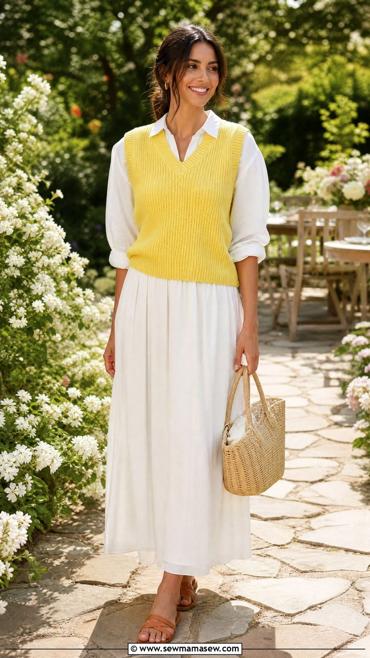 Lemon Yellow Knit Vest with White Maxi Skirt - 35 lemon yellow outfit ideas