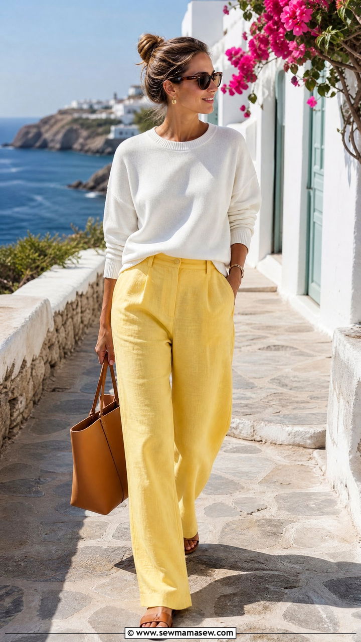 Lemon Yellow Linen Trousers Outfit - 30 Bold color outfit ideas