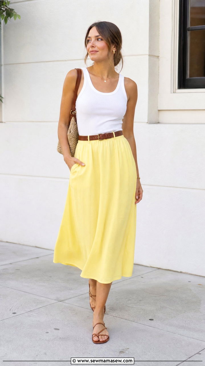 Lemon Yellow Midi Skirt With White Tank - 25 Lemon yellow outfit ideas 2026