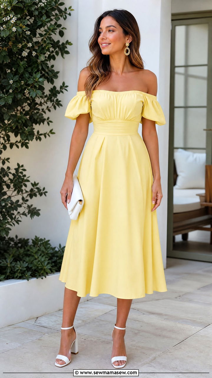 Lemon Yellow Off Shoulder Dress With White Block Heels - 30 Summer outfits with heels