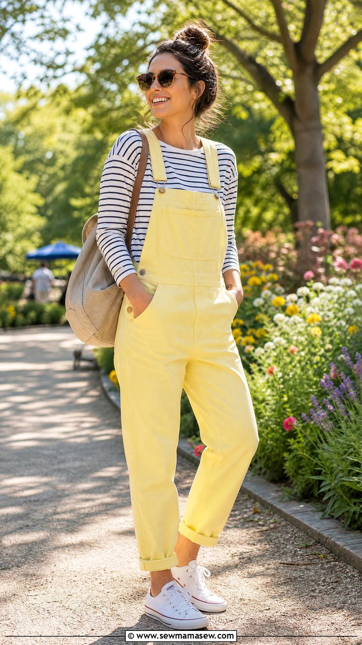 Lemon Yellow Overalls with a Striped Tee - 35 lemon yellow outfit ideas