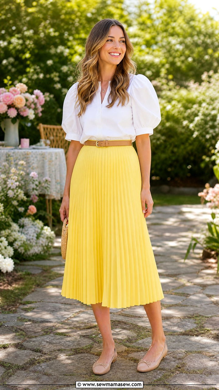 Lemon Yellow Pleated Midi Skirt and White Blouse - 35 lemon yellow outfit ideas