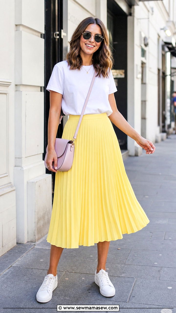 Lemon Yellow Pleated Skirt With White Tee - 25 spring lemon yellow outfit ideas