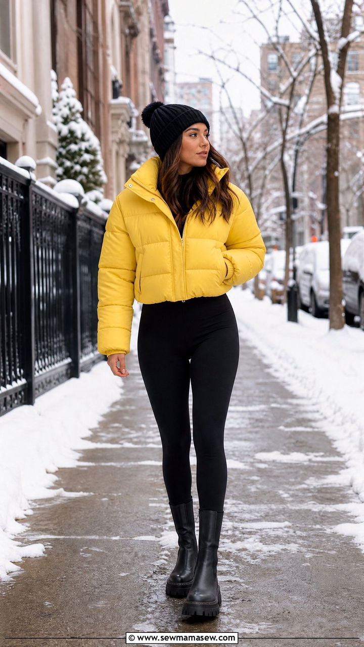 Lemon Yellow Puffer Jacket with Black Leggings - 35 lemon yellow outfit ideas