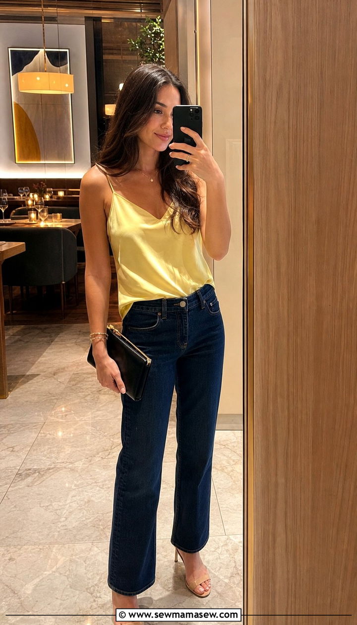 Lemon Yellow Silk Top With Dark Denim - 25 spring lemon yellow outfit ideas