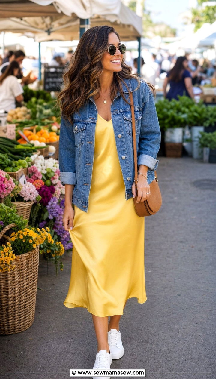 Lemon Yellow Slip Dress With Denim Jacket - 25 spring lemon yellow outfit ideas