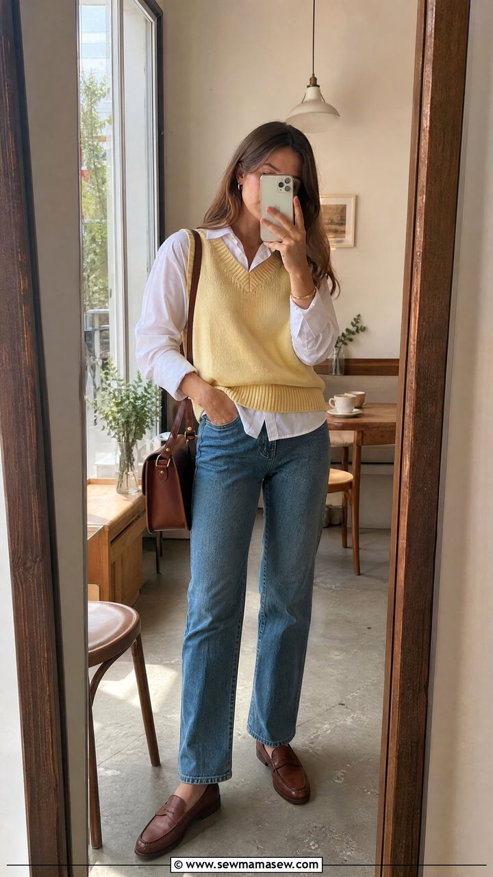 Lemon Yellow Sweater Vest over Collared Shirt - 35 lemon yellow outfit ideas