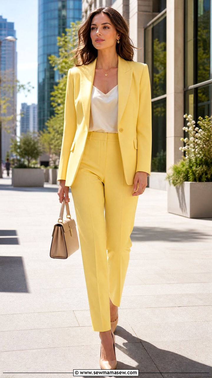 Lemon Yellow Tailored Suit with Nude Heels - 35 lemon yellow outfit ideas
