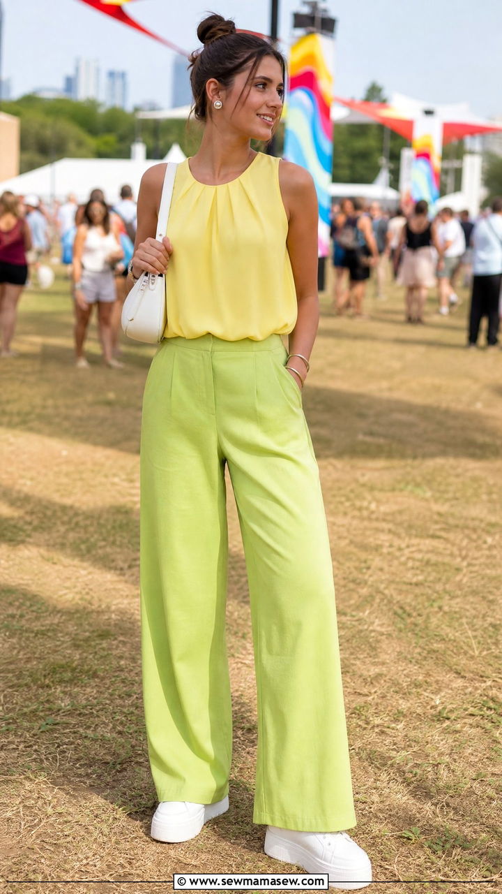 Lemon Yellow Top with Lime Green Trousers - 30 summer colorful outfit ideas