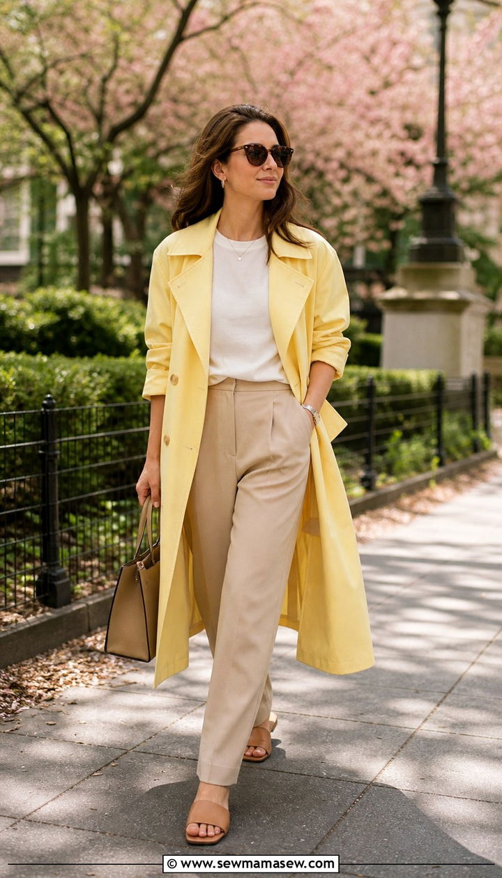 Lemon Yellow Trench Coat Over Neutral Layers - 25 spring lemon yellow outfit ideas