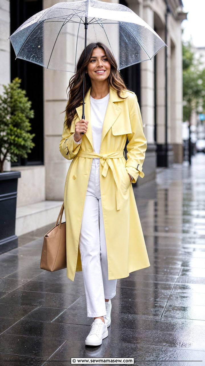 Lemon Yellow Trench Coat over All White Outfit - 35 lemon yellow outfit ideas