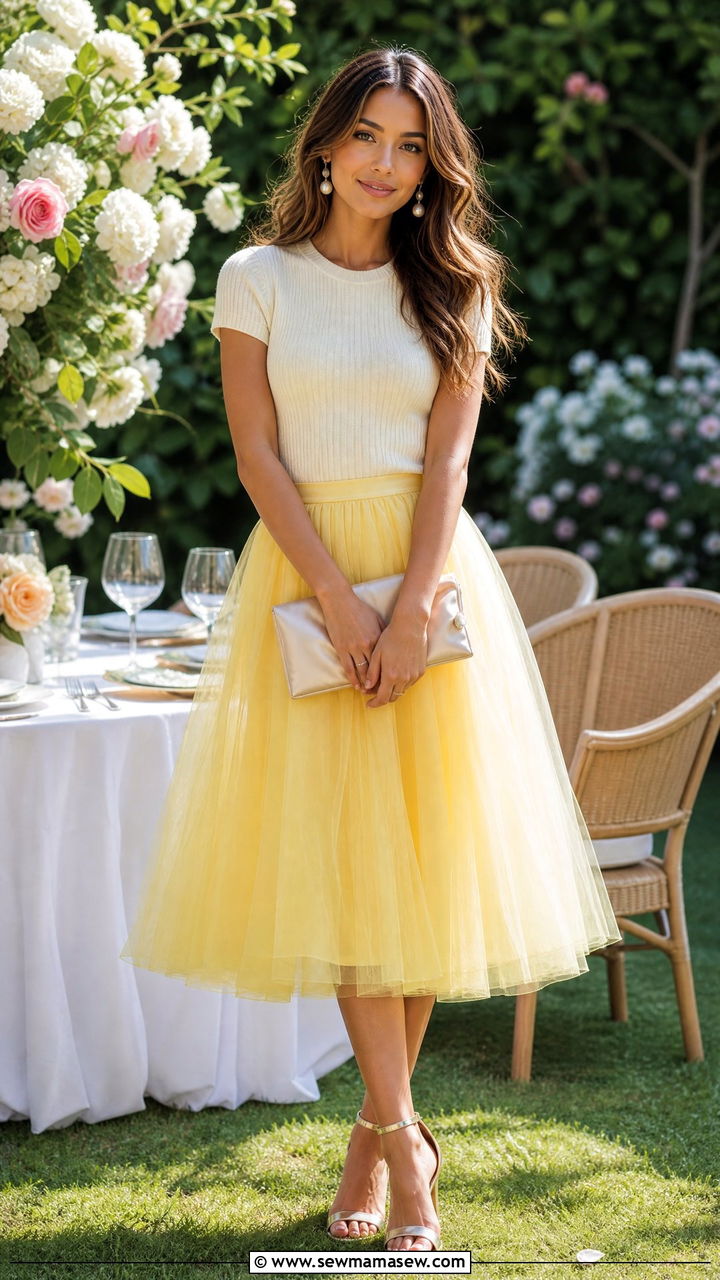 Lemon Yellow Tulle Skirt with a Simple Knit Top - 35 lemon yellow outfit ideas