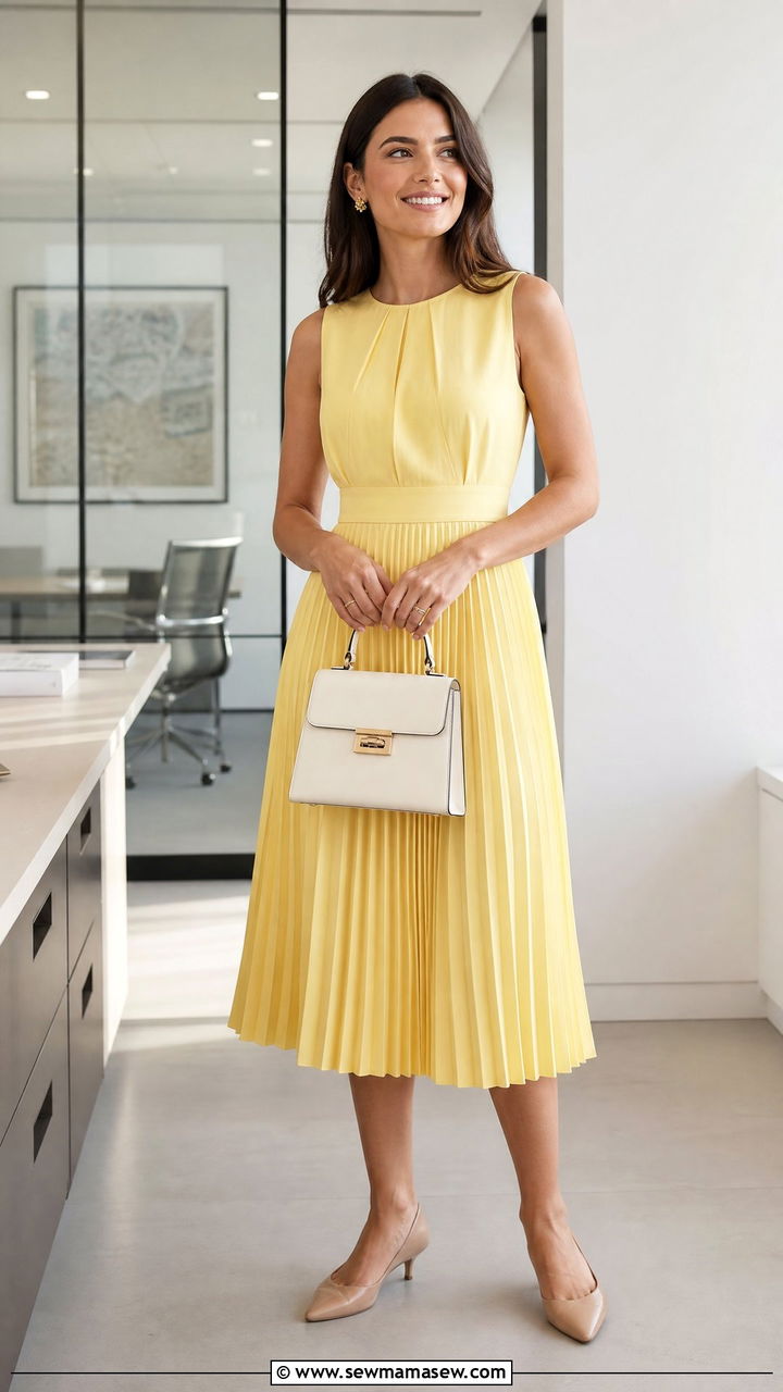 Lemon yellow pleated midi dress for work - 30 summer lemon yellow outfit ideas