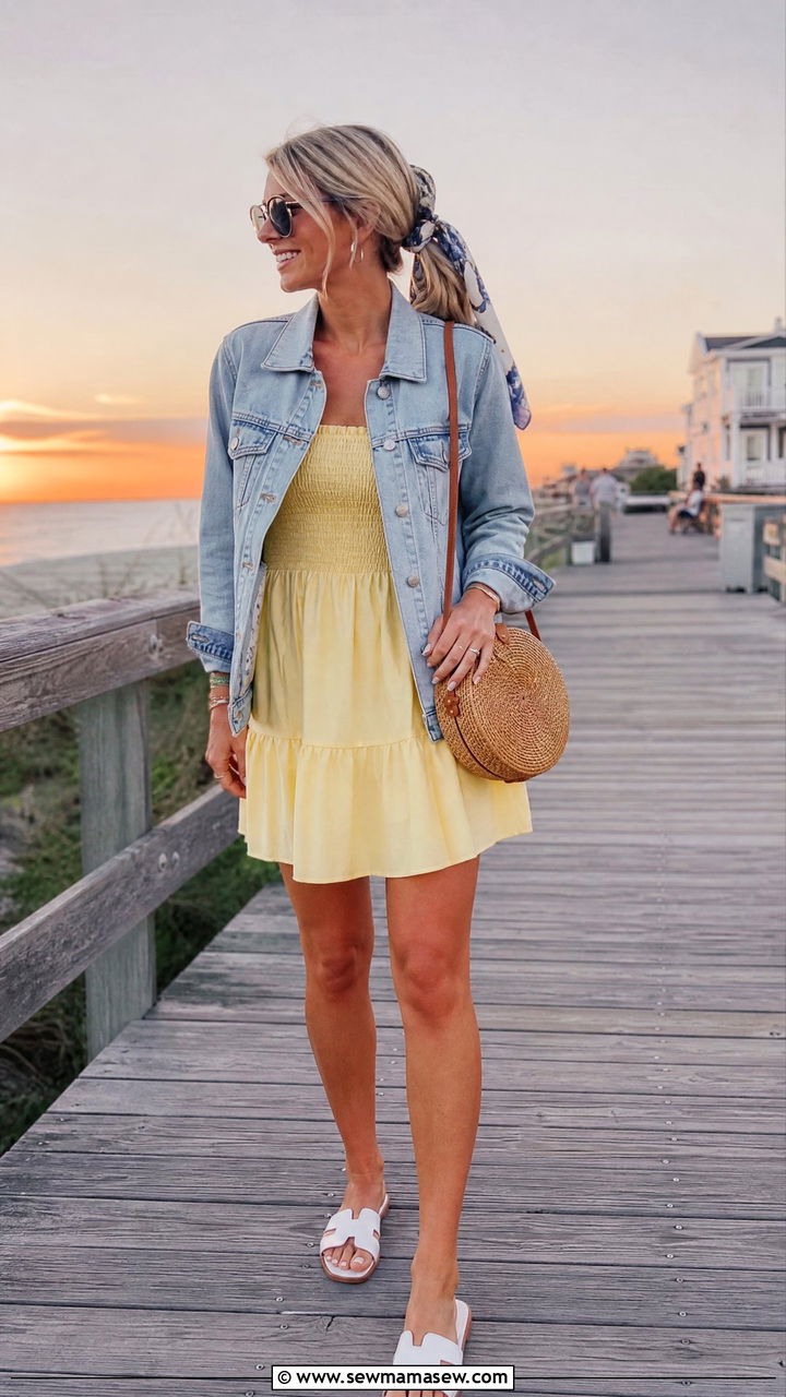 Lemon yellow sundress and denim jacket - 30 summer lemon yellow outfit ideas